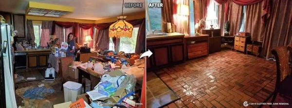 "Before and After" cluttering service in a cozy woody living room and bedroom, showcasing a remarkable transformation for an organized and inviting living space.